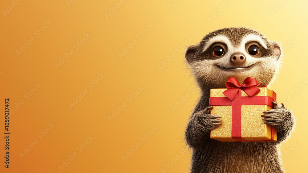 Obraz premium Smiling sloth holding a gold gift box with red ribbon on a warm yellow background. Postcard with copy space