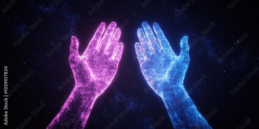 Two vibrant digital hands reaching out, symbolizing connection and interaction in a futuristic landscape. Two vibrant digital hands reaching out, symbolizing connection and interaction in a futuristic landscape.