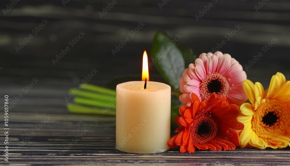 Burning candle and flowers on dark background. Sympathy card Burning candle and flowers on dark background. Sympathy card