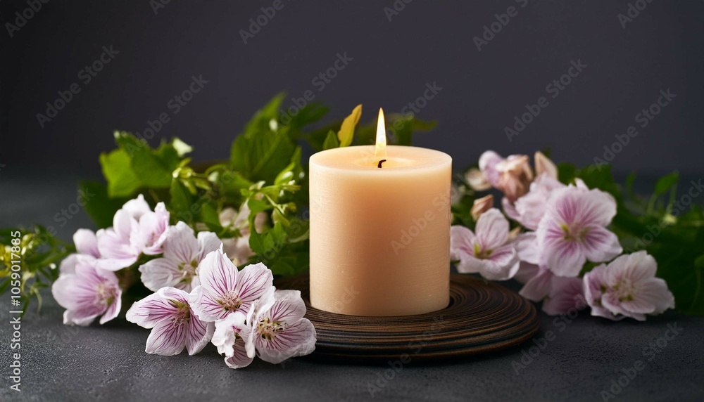 Burning candle and flowers on dark background. Sympathy card Burning candle and flowers on dark background. Sympathy card