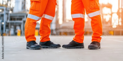 Two workers in orange safety gear standing on a factory floor with sunlight in the background. photo