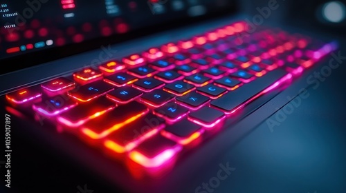 Close-up of a backlit laptop keyboard with red and blue lighting.