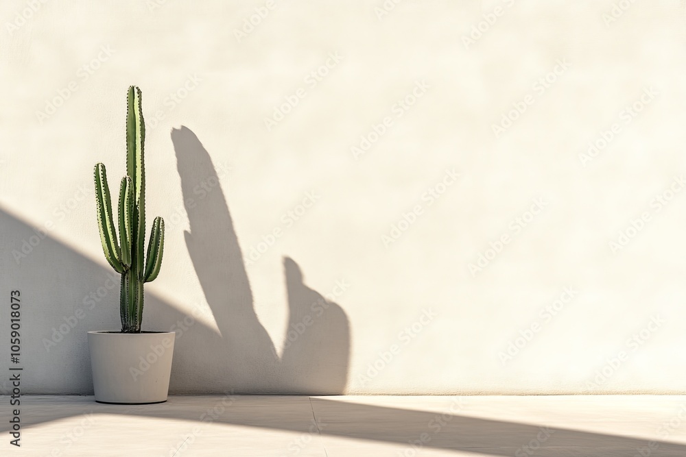 Serene Cactus Plant on White Wall with Sunlight Shadows - Minimalist Botanical Scene with Texture and Light Play Serene Cactus Plant on White Wall with Sunlight Shadows - Minimalist Botanical Scene with Texture and Light Play