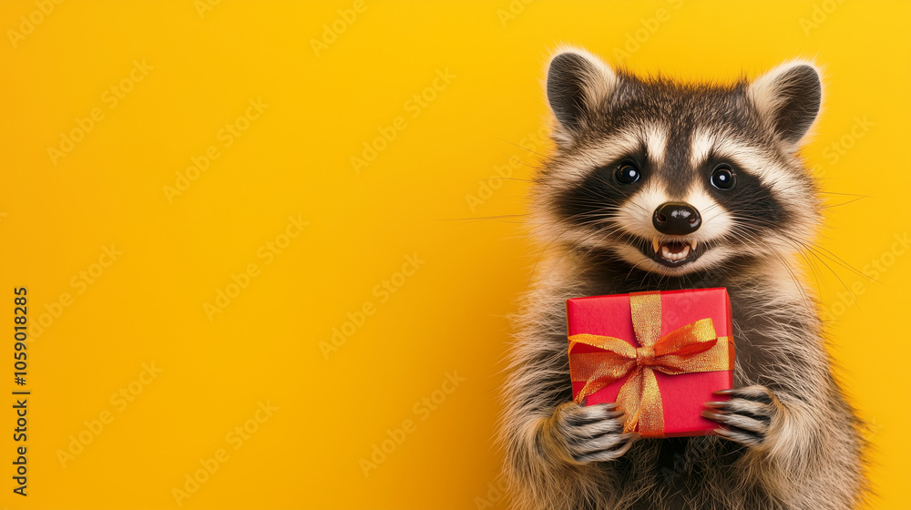 Smiling raccoon holding a red gift box with a bow against a bright yellow background. Postcard with copy space Smiling raccoon holding a red gift box with a bow against a bright yellow background. Postcard with copy space