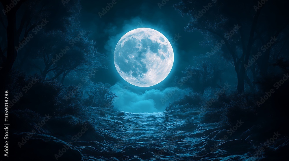 Enigmatic Blue Moonlit Landscape, Mystical Night Sky. Enigmatic Blue Moonlit Landscape, Mystical Night Sky.