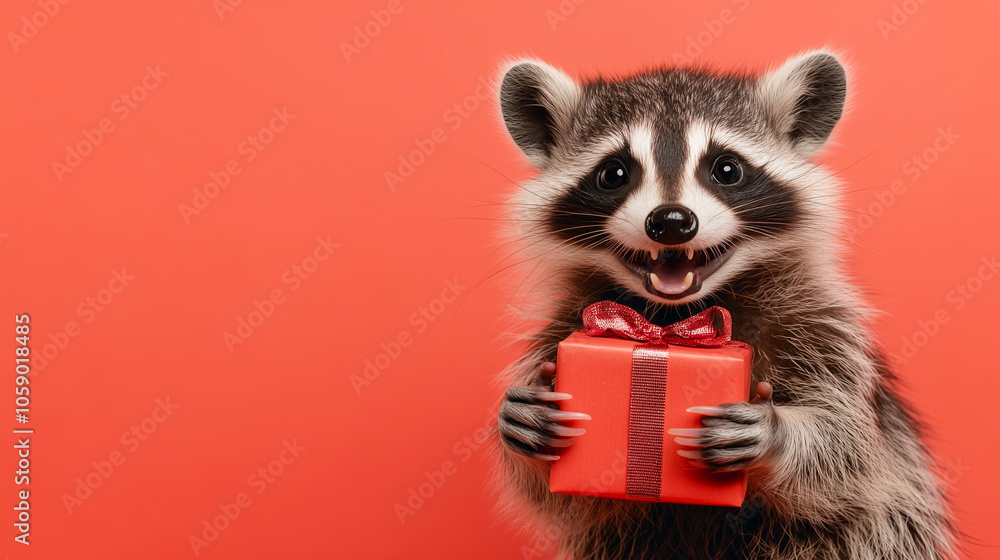 Happy raccoon holding a red gift box with a bow against a vibrant coral background. Postcard with copy space Happy raccoon holding a red gift box with a bow against a vibrant coral background. Postcard with copy space