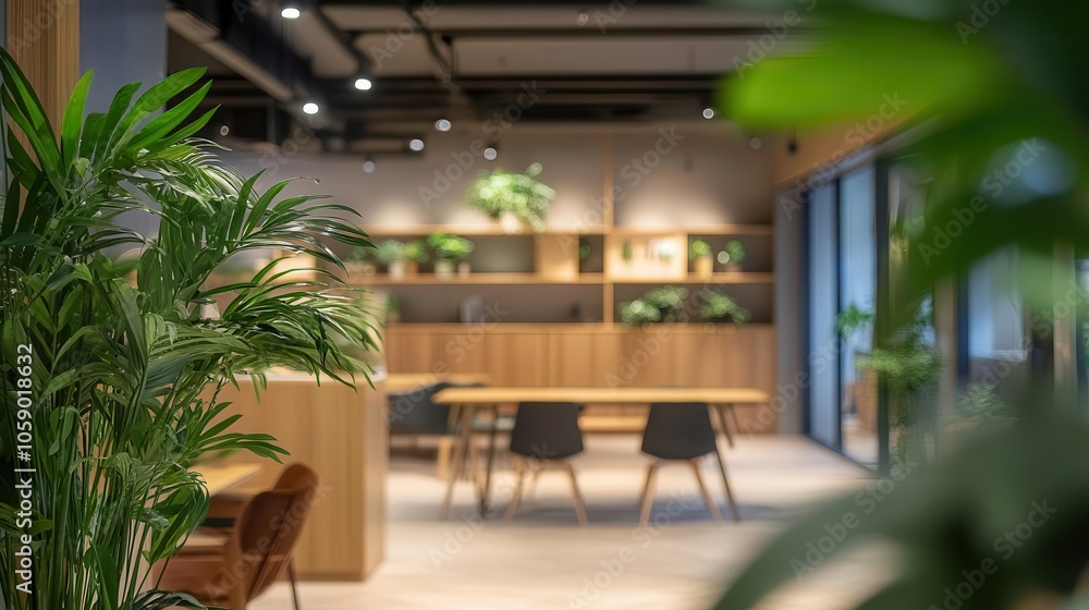Fototapeta premium serene office space infused with greenery, captured in a blurred focus that highlights the calming effect of nature in the workplace