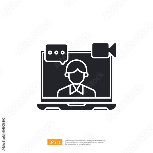 A graphic representation of a video call, featuring a person on a laptop screen with chat bubbles and a camera icon, symbolizing virtual communication.