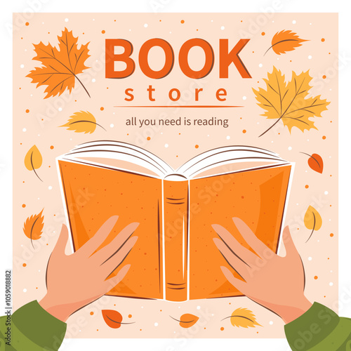 Layout design for bookstore, bookshop or library. Books with autumn bright leaves. Vector illustration for poster, cover, marketing, sale.