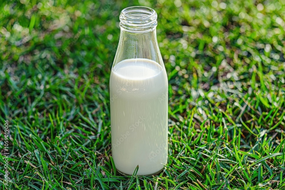 A glass bottle filled with milk is placed on lush green grass, highlighting a fresh and natural setting. A glass bottle filled with milk is placed on lush green grass, highlighting a fresh and natural setting.