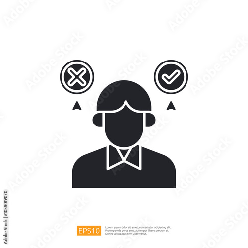 A simple graphic representing a person with two thought bubbles indicating choices, one positive and one negative. It symbolizes decision-making or evaluation.