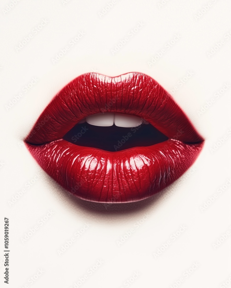 Close-up of glossy red lips isolated on white background. Concept of beauty, glamour, and sensuality. Close-up of glossy red lips isolated on white background. Concept of beauty, glamour, and sensuality.