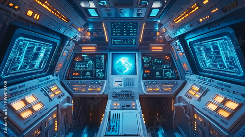 Fototapeta Naklejka Na Ścianę i Meble -  Futuristic spaceship cockpit interior. Spaceship Cockpit. Illustration