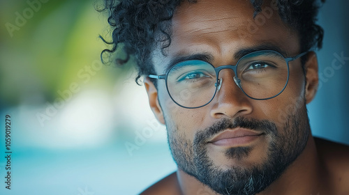 A close-up HD shot of a Samoan man with a teddy bear-like build, slightly muscular, with curly black hair and intense eyes. He wears stylish glasses and has a gentle smile. His smo photo