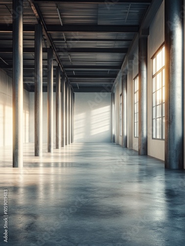 Empty large warehouse with pillars and windows.