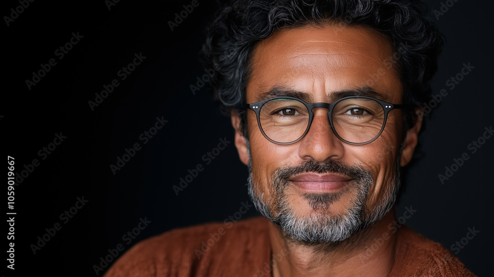 Obraz premium A high-resolution photograph of a rugged Samoan man with a teddy bear-like build, intense eyes, and black curly hair. He wears sleek glasses and has a gentle, inviting smile. Dress