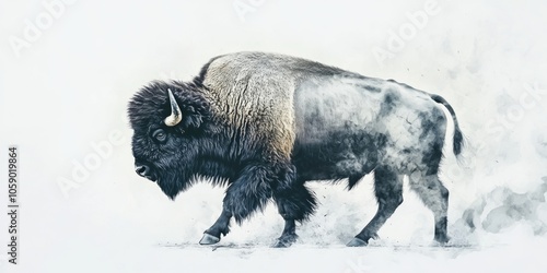 This image depicts a bison walking through a snowy prairie. The scene captures the beauty and resilience of this magnificent animal as it navigates its natural habitat.