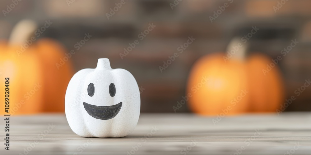 A joyful white pumpkin decoration in focus with traditional orange pumpkins blurred in the background, perfect for autumn themes. A joyful white pumpkin decoration in focus with traditional orange pumpkins blurred in the background, perfect for autumn themes.