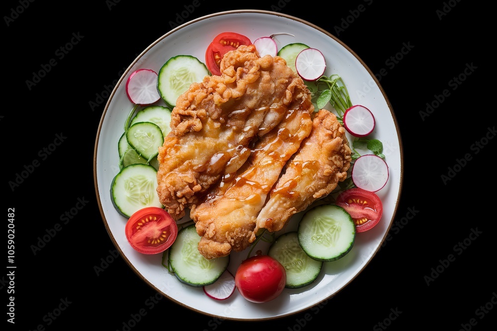 A photo of a plate with a fried chicken fillet, fresh cucumbers, tomatoes, and radishes A photo of a plate with a fried chicken fillet, fresh cucumbers, tomatoes, and radishes