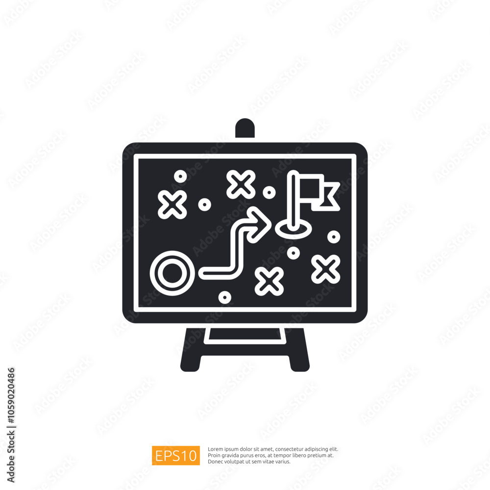 A simple illustration of a strategy board with a path, flag, and symbols representing a game or plan. A simple illustration of a strategy board with a path, flag, and symbols representing a game or plan.