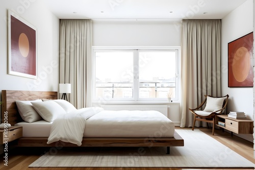 Minimalistic white bed room with earth tone decor and copy space.