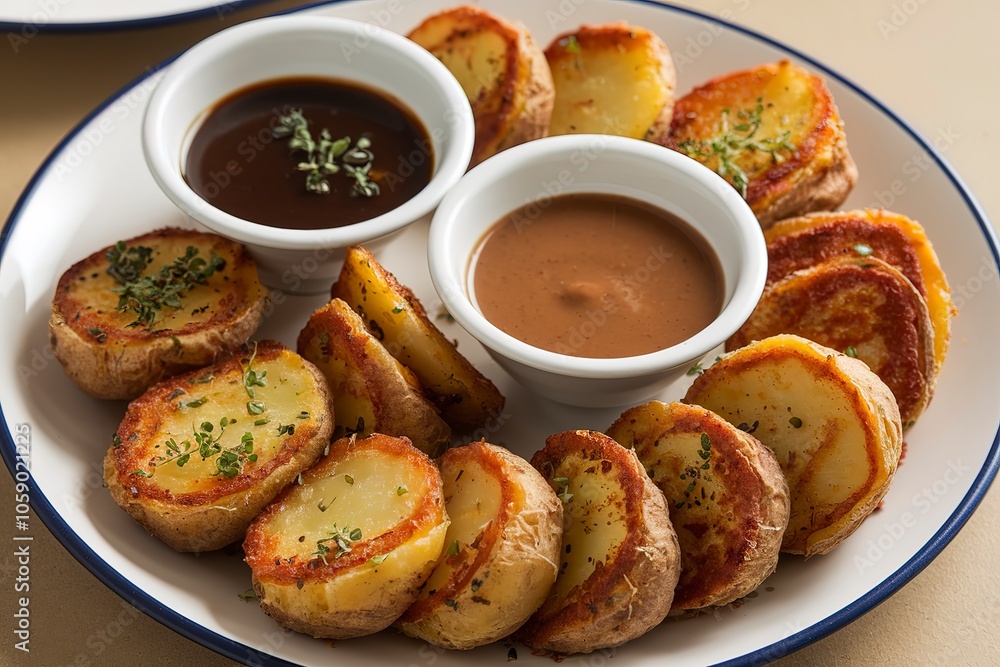 a plate of golden-brown, round, and seasoned fried potato cutlets. a plate of golden-brown, round, and seasoned fried potato cutlets.