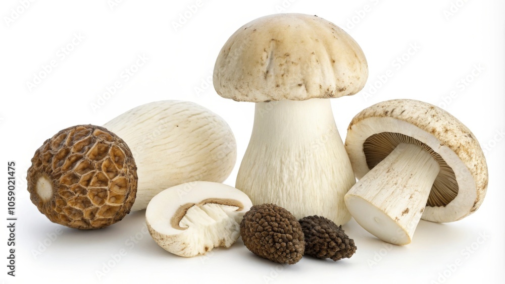 Varieties of edible mushrooms, such as morels and porcini, displayed on a white backdrop to showcase their unique textures and shapes Varieties of edible mushrooms, such as morels and porcini, displayed on a white backdrop to showcase their unique textures and shapes