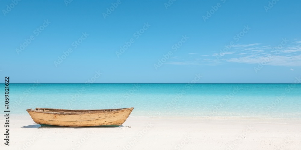A serene wooden boat on a pristine beach with crystal clear water under a bright blue sky. A serene wooden boat on a pristine beach with crystal clear water under a bright blue sky.