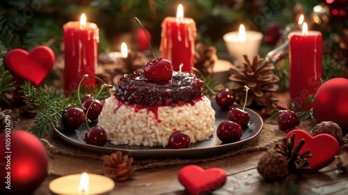 A traditional Danish Christmas dessert featuring risalamande with cherry sauce, served on a table adorned with red hearts, candles, and a cozy Scandinavian holiday ambiance photo