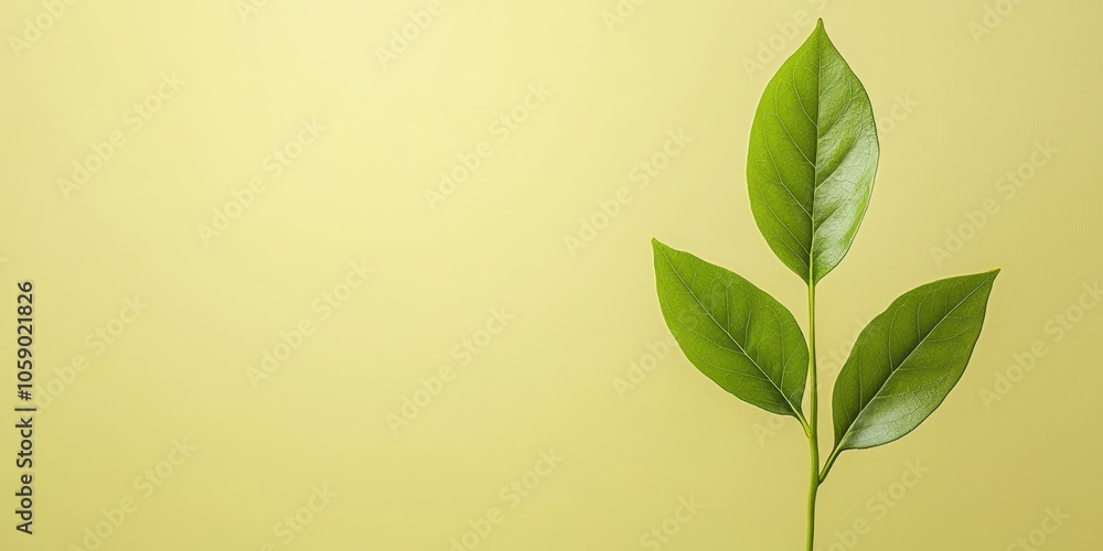 A single green plant stem with leaves against a soft yellow backdrop. A single green plant stem with leaves against a soft yellow backdrop.