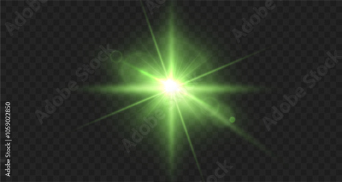 Light green star. Light sunny sparkle. White light flash green. Vector illustrator. lighting effects. Beam a spotlight and a star with bokeh and dust. Glowing abstract isolated lenses light effects.