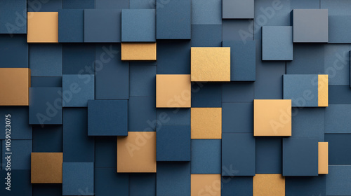 Abstract geometric pattern of overlapping blue and gold squares creating a three-dimensional textured effect on a flat surface.