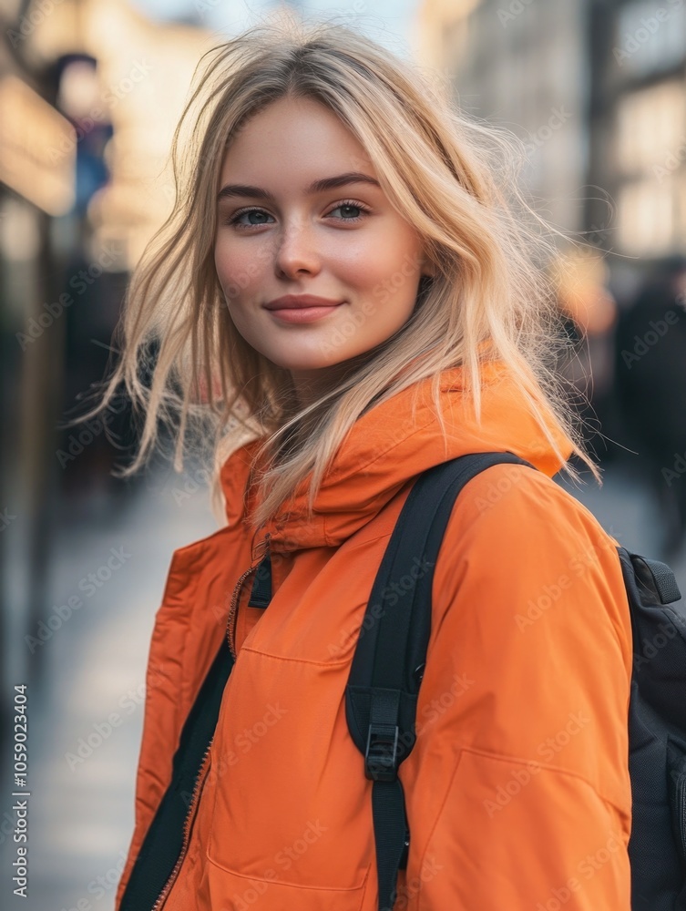 A young woman with blonde hair and a bright orange jacket is walking on an urban street. She carries a black backpack, suggesting she might be a student or traveler.