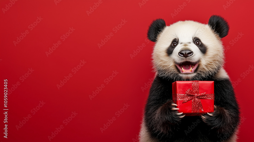 Fototapeta premium Smiling panda holding a red gift box with sparkly ribbon on red background. Postcard with empty copy space 