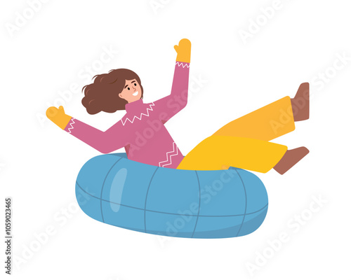 Happy woman on tubing. Cozy cold weather. Girl riding tubing. Snowy winter season outdoor activity. Vector character illustration isolated on white background.