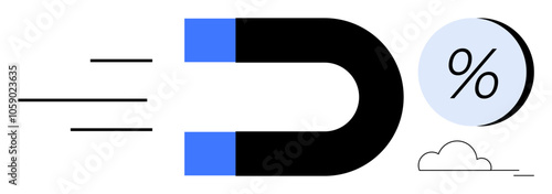 Magnet attracting a percentage symbol, signifying business and financial success, amidst minimalist elements like lines and a cloud. Ideal for marketing strategies, customer attraction, sales growth