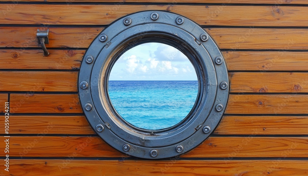 A circular porthole set in a wooden wall frames a serene view of the ocean and sky. A circular porthole set in a wooden wall frames a serene view of the ocean and sky.