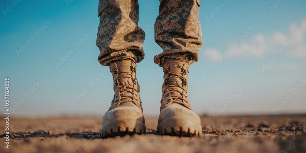Close-up of military boots on rough terrain, symbolizing strength and resilience in the field. Close-up of military boots on rough terrain, symbolizing strength and resilience in the field.