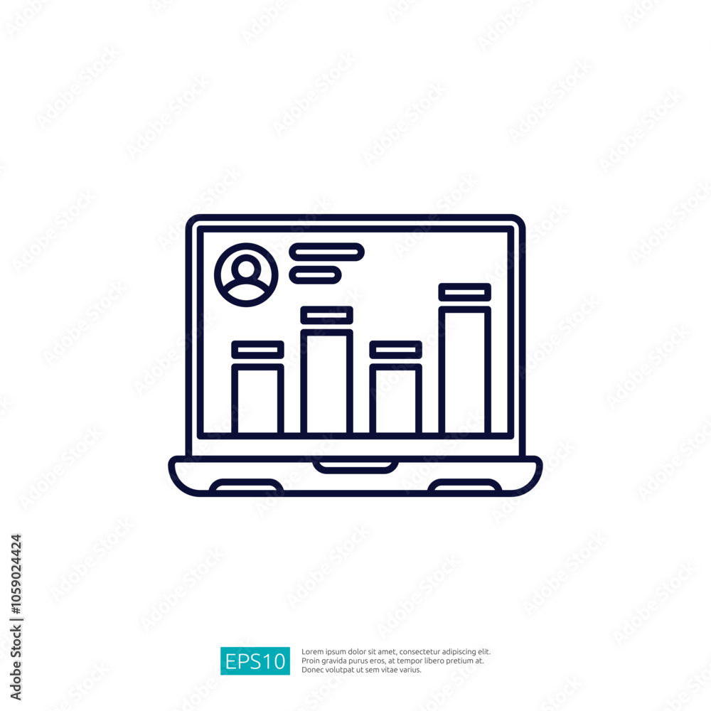 A laptop displaying a user profile and bar graph data, illustrating analytics or performance metrics. A laptop displaying a user profile and bar graph data, illustrating analytics or performance metrics.