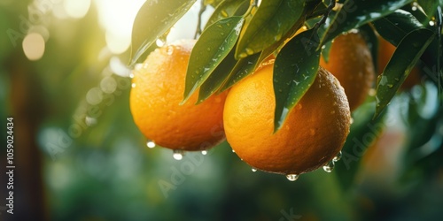 Refreshing oranges hanging on a tree in the sunlight, symbolizing health and vitality.