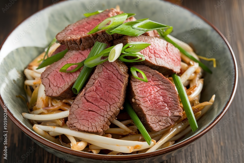 beef slices, green onions, and what appear to be bean sprouts beef slices, green onions, and what appear to be bean sprouts
