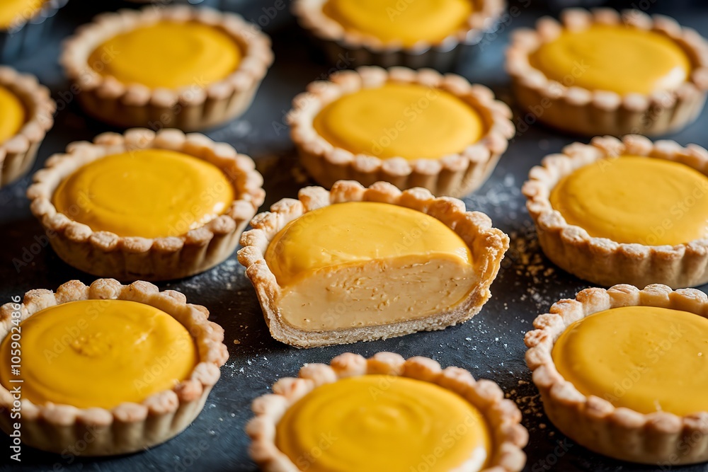 multiple small, golden-yellow tarts placed on a dark surface. multiple small, golden-yellow tarts placed on a dark surface.