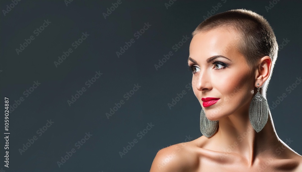 beautiful female model with bright makeup and large earrings with shaved head beautiful female model with bright makeup and large earrings with shaved head