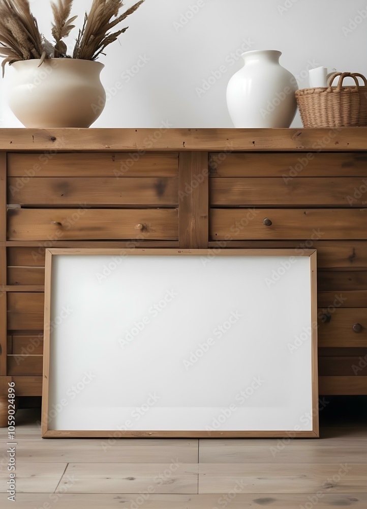 A rustic wooden cabinet or dresser with a blank white frame on the front, surrounded by various decorative items like baskets and vases. A rustic wooden cabinet or dresser with a blank white frame on the front, surrounded by various decorative items like baskets and vases.