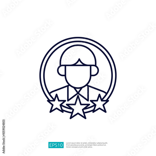 This image features a simple line drawing of a person with a circular frame and three stars, suggesting themes of achievement or recognition.