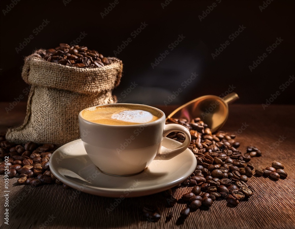 Café cremoso e intenso con un fondo de granos de café Arábica tostados Café cremoso e intenso con un fondo de granos de café Arábica tostados