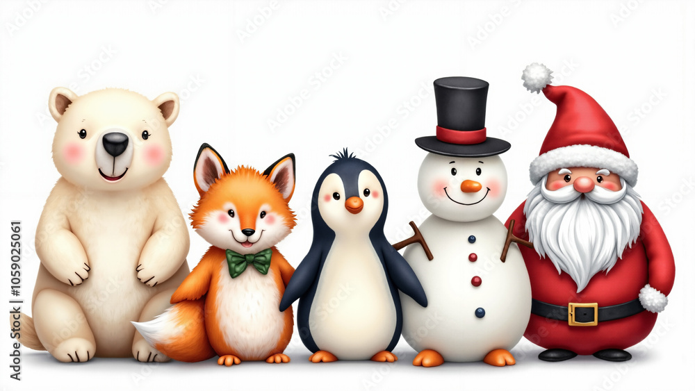 Whimsical Watercolor Winter Characters: Polar Bear, Fox, Penguin, Snowman, and Santa for Holiday Marketing Whimsical Watercolor Winter Characters: Polar Bear, Fox, Penguin, Snowman, and Santa for Holiday Marketing