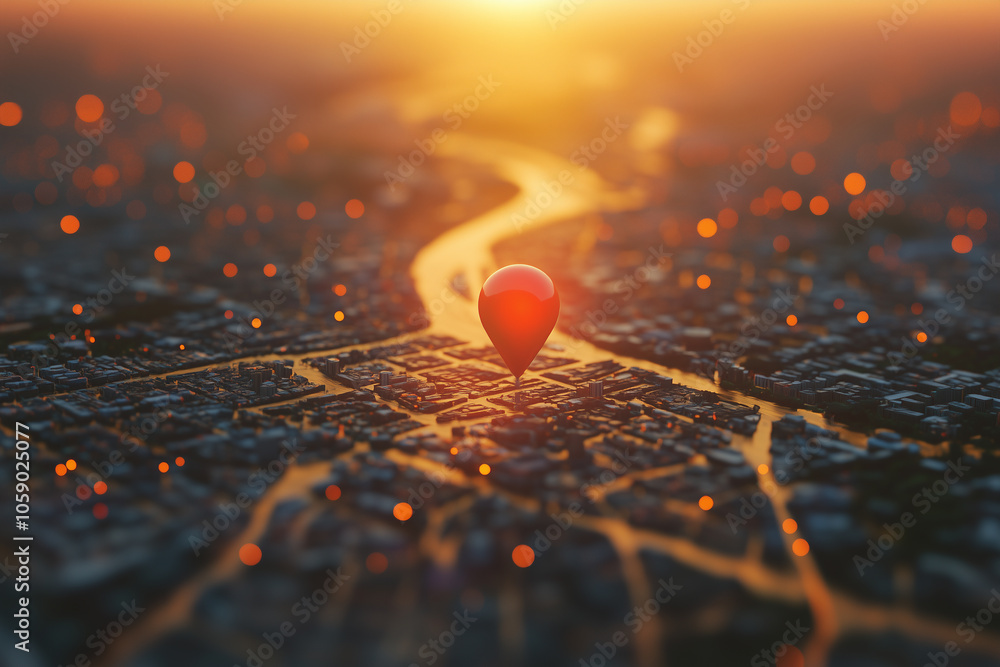 Red location pin on detailed city map with sunset light Red location pin on detailed city map with sunset light