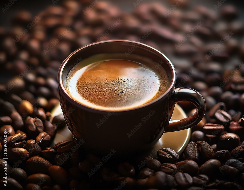 Café cremoso e intenso con un fondo de granos de café Arábica tostados Café cremoso e intenso con un fondo de granos de café Arábica tostados