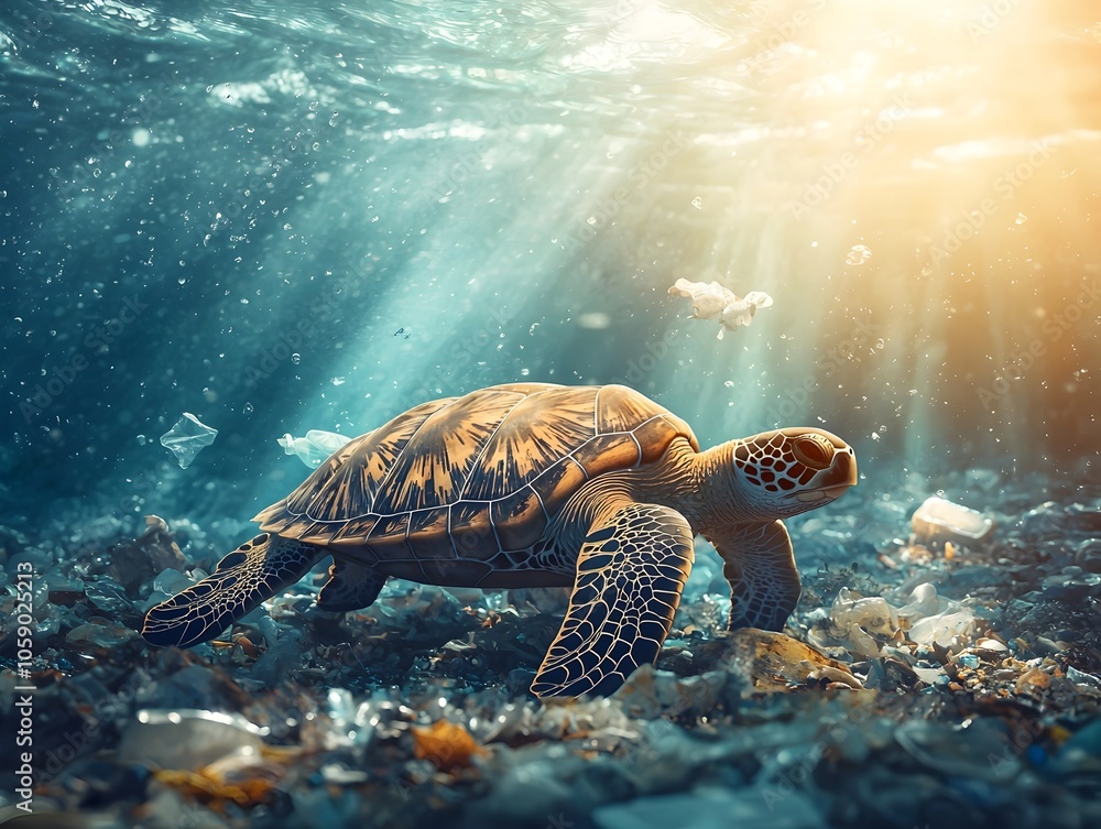 Fototapeta premium Endangered Sea Turtle Navigating Treacherous Plastic Filled Waters in a Changing World